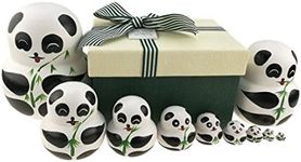 Set of 10 Big-belly Wooden Handmade Panda Bear With Bamboo Nesting Dolls Matryoshka Russian Doll in a Box With Bow For Kids Toy Home Decoration New Year