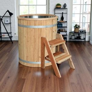 Outdoor Cold Plunge Tub with Chiller – Custom Made Cedar Wood Ice Bath Barrel, 304 Stainless Steel Inner Tank, 32.7” Round Single Person Cold & Warm Water Soaking Tub