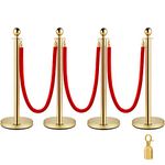 VEVOR Stainless Steel Barrier Post Rope Delivery Stand Ball Head 3 Red Velvet Ropes Golden Column 4 Pack Crowd Control Barriers