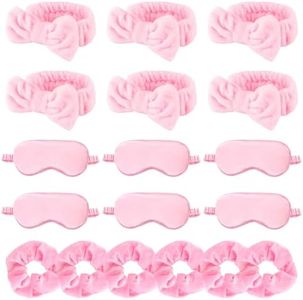 WHAVEL 18 Pcs Sleepover Party Supplies for Girls - Pink Party Favors Include 6 Spa Headband, 6 Silk Eye Mask and 6 Velvet Scrunchies for Spa Birthday, Bachelorette Party, Slumber (Pink)