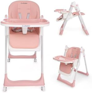 Cochildor 3 in 1 Foldable High Chair for Baby, Adjustable Heights Toddler High Chair with 5 Point Harness, Tray, Foot Rest and Wheels, Pink