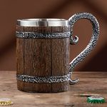 Meyas Beer Mug Handmade Wooden Barrel Beer Mugs Beer Steins, Stainless Steel Vintage Tankard Beer Cup, Medieval Coffee Mug Tea Cup, Drinkware Mug for Coffee/Juice, Gift for Men, Bar Decoration 17oz