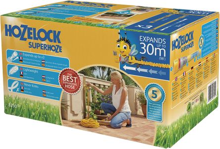 Hozelock Superhoze Expanding Garden Hose 30m – Flexible, 2 Aquastop Fittings