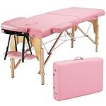 Yaheetech Pink Massage Table Lightweight Folding Facial Spa Bed Tattoo Beauty Therapy Couch Bed w/Carry Bag Adjustable Wooden Legs 2 Sections