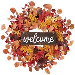 Sggvecsy Fall Wreath 18’ Autumn Front Door Decor Artificial Harvest Wreath with Wooden Bright Oak Leaves Pumpkin Acorn Berries Thanksgiving Wreath for Indoor Outdoor Home Wall Farmhouse Decorations