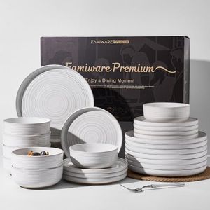 Stoneware Dinnerware Sets for 8, Coupe Plates & Bowls, White Reactive Glaze | Famiware Premium 24-Piece Speckled Spiral Dish Sets, Chip & Scratch Resistant Everyday Ceramics, Microwave & Dishwasher Safe