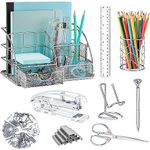 KAAKOW Silver Desk Organizers and Accessories Office Supplies Set Stapler, Pen Holder, Phone Holder, Scissors, Pen, Ruler, 30 Paper Clips, 22 Binder Clip, 20 Tacks and 1000pcs Staples