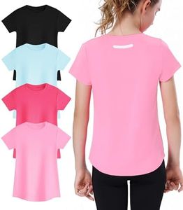 EXARUS 4 Pack Girls Athletic Shirts Quick Dry Short Sleeve Tshirts Crewneck Tee Workout Activewear Tops for Kids 8-16Y Set 1 10Y