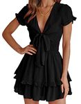 PRETTYGARDEN Women's Summer Swing Mini Dress Tie Front V Neck Short Sleeve Ruffle Layer A-Line Short Dress, Black, Small