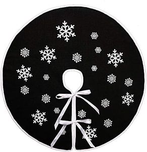 MACTING 48 Inch Christmas Tree Skirt Large Black Burlap Tree Mat with White Snowflake Printed for Xmas Tree Farmhouse Holiday Party Indoor Winter Home Christmas Decorations