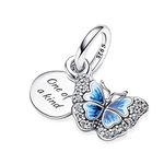 Blue Butterfly & Quote Double Dangle Charm 925 Sterling Silver Pendant,Girl Jewelry Beads Gifts for Pandora Women Bracelet&Necklace A0142