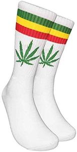 Unisex Marijuana Weed Maple Leaf Printed Warm Cotton High Athletic Crew Socks, White / Green / Rasta Stripes, 10-13