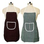 Amazon Brand - Solimo Cotton Apron with Front Pocket | Adjustable Neck Strap & Waist Belt | Unisex Size Standard (Pack of 2) | Checkered Design (Multicolour)