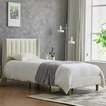 YUHUASHI Upholstered Platform Bed Frame/Twin Bed Frame/Modern Geometric Double-Wing Design Headboard/Flannel and Linen Fabric/Easy to Assemble No Noise(Cream, Twin)