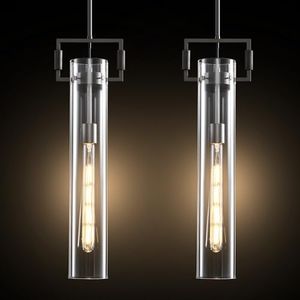 Feasey Set of 2 Knurled Black Glass Pendant Light,Long Tube Hanging Light