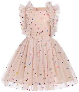 Kids Girls Flutter Sleeve Colorful Polka Dots Tulle Tutu Dress Princess Dress Birthday Party Dress, Kids Apricot, 7-8 Years