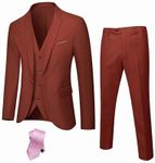 Hihawk Men's 3 Piece Suit with Stretch Fabric, Solid Slim Fit One Button Suit Blazer Set, Jacket Vest Pants with Tie. Brick Red Large