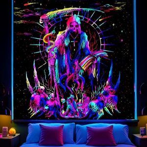 Blacklight Skull Tapestry for Bedroom, Hippie Grim Reaper and Skeleton Posters Wall Hanging for Men Room Decor, Large Black Light Cool Gothic Tapestries for Men Living Room Dorm Decor (60in x 79in)