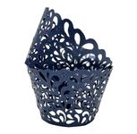 KOSTOO 50Pcs Cupcake Wrappers Water Droplet Hollowing Out Artistic Bake Cake Paper Lace Laser Cut Liner Baking Cup Wraps Muffin for Wedding Party Birthday Decoration (Navy Blue)