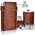 GENNISSY 8oz Hip Flask with Funnel - Stainless Steel with Leather Wrapped Cover and 100% Leak Proof