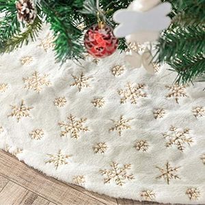 DegGod Plush Christmas Tree Skirts, 36 inches Luxury Snowy White Faux Fur Xmas Tree Base Cover Mat with Gold Snowflakes for Xmas New Year Home Party Decorations (36 inches, Gold)