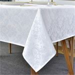 Rectangle Tablecloth -152 x 305CM White Damask Table Cloth Jacquard Design Spill Proof Wrinkle Resistant Waterproof Soft Polyester Oblong Table Cover for Kitchen Parties Tabletop