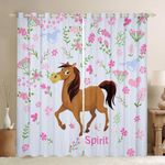 Feelyou Horse Curtains for Bedroom Kids Cartoon Farmhorse Floral Darkening Curtains Baby Pink Blue Stripe Blackout Curtains(30%-50%) Spirit Horse Animal Window Drapes Decor (2 Panels, 42 x 63 Inch)