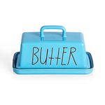 SWEEJAR Ceramic Butter Dish with Handle Lid, 7.3 Inch Porcelain Large Butter Keeper with Cover, Perfect for East/West Butter (Steel Blue)