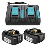 Energup 2Pack 18V 5A Li-ion Replacement Battery + DC18RD Dual Port Charger for Makita 18V Battery BL1850B BL1830 BL1840 BL1850 BL1860 BL1815 BL1820 with 2Port Makita 18v Battery Charger