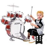 m zimoon Kids Drum Kit, Junior Jazz Drum Set Toddler Toy 5 Drums with Stool Pedal Cymbal and Drumsticks Beginners Musical Instrument Percussion Holiday Birthday Educational Gift for Boys Girls, Red