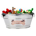 Metal Indestructible Dog Toy Bin - Steel Dog Toy Basket with Handles, Pet Toy Box, Oval for Blankets, Leashes, & Toys for Aggressive Chewers - Pawprint Design Home Decor (Silver)