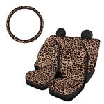 SEANATIVE Cheetah Leopard Print 5 Pcs Car Seat Cover Full Set Fashion Front & Rear Bucket Seat Protector with Anti-slip Steering Wheel Cover Set for Women Men