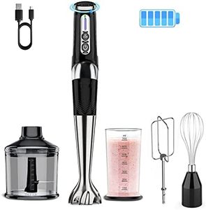 Cordless Immersion Blender: 4-in-1 USB Rechargeable Hand Blender, 21 Variable Speeds & 3-Angle Adjustable with 700ml Chopper, 700ml Beaker, Egg Whisk and Beater for Smoothies, Soup, Baby Food (Black)