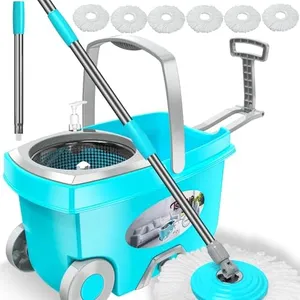 FunClean Spin Mop and Bucket,Mop and Bucket with Wringer Set for Home,360 Spinning Mopping Floor Cleaning Tool with 6 Microfiber Replacement Head Refills,61" Extended Handle, 2X Wheel - Blue