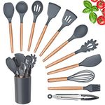 Kitchen Utensils Set, Herogo 12 Piece Silicone Utensil with Holder, Heat Resistant Cooking Utensils with Wooden Handle for Non Stick Cookware Pans, Silicone Kitchen Gadgets Tool Set (Grey)