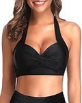 Tempt Me Women Bikini Top Push Up Swim Top Halter Retro Bathing Suit Top Padded Swimsuit Top Only, Black, X-Large