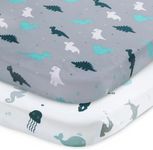 Travel Cot Sheets 95x65cm Fitted, 2 Pack Ultra Soft Crib Sheets, Travel Cot Mattress Sheets Compatible with Graco, Red Kite Travel Cot, Soft and Breathable, Grey Dinosaurs & Oceans