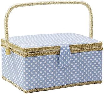 Large Sewing Basket with Accessories,Wooden Sewing Organizer Box for Sewing Supplies and DIY Crafting Tools Storage,Sewing Kit Tools for Sewing Mending,Polka Dots(blue)