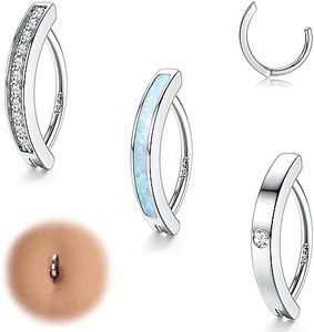 FIOROYAL 3 Piezas Piercing Ombligo Anillo 14G para Mujer, Anillos para Ombligo Plata de Ley 925, Anillos para Ombligo Aro Ópalo Cz, Joyería para Piercing Ombligo con Curvatura Inversa Simple Plata