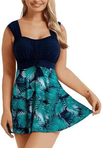 wantdo Women's Plus Size One Piece Modest Swimsuits Swimdress Tummy Control Green Flower 16-18