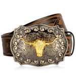 BISON DENIM Mens Western Leather Cowboy Belt - Longhorn Cow Pattern Buckle with Floral Longhorn Bull Texas Buckle Belts