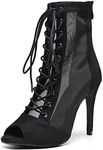 BREXLI Women's Dance Heels Peep Toe Net Yarn Ballroom Salsa Dance Shoes Party High Heel Dance Performance Ankle Dance Boots Heel 3.5 inches(black7)