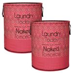 Heart Home Laundry Basket | Non-Woven Round Laundry Basket | Clothes Storage Hamper | Foldable Laundry Bag with Handle | Toy Storage Basket | Golden-Print | 45 LTR | Pack of 2 | Maroon