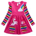 iiniim Kids Girls Cotton Casual Dress Long Sleeves Rainbow Stripe Cartoon Horse Dress Toddler Girl Spring Fall Princess Dress Hot Pink 4-5 Years