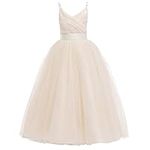 Glamulice Holiday Flower Girls Lace Bridesmaid Dress Champagne Long A Line Wedding Pageant Dresses Junior Girl Princess Tulle Spaghetti Strap Birthday Party Gown 12-13 Carnival Costume Ballgown Maxi