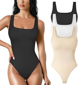 TDIFFUN Womens Shapewear Bodysuit Tummy Control Thong Body Shaper Seamless Ribbed Square Neck Jumpsuit T-Back, Black+white+nude, M (Tight Or One Size Up), TD-308