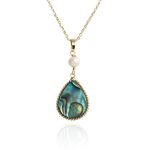 Handmade Wire Craft Pearl Teardrop Abalone Shell Pendant Necklace for Women, 18K Gold Plated