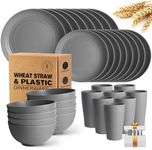 Teivio 32-Piece With Flatware Kitchen Plastic Wheat Straw Dinnerware Sets, Service for 8, Dinner Plates, Dessert Plate, Cereal Bowls, Cups, Unbreakable Plastic Outdoor Camping Dishes, Grey