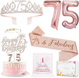 75th Birthday Gifts Decorations for Women, Including 75 year old Birthday Cake Topper, Birthday Queen Sash with Pearl Pin, Sweet Rhinestone Tiara Crown, Number Candles and Balloons Set, Rose Gold
