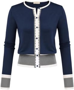 Women's Cardigan Sweater Color Block Long Sleeve Crew Neck Knit Cardigan Trendy Cropped Cardigan Shrug, Navy and Gray S